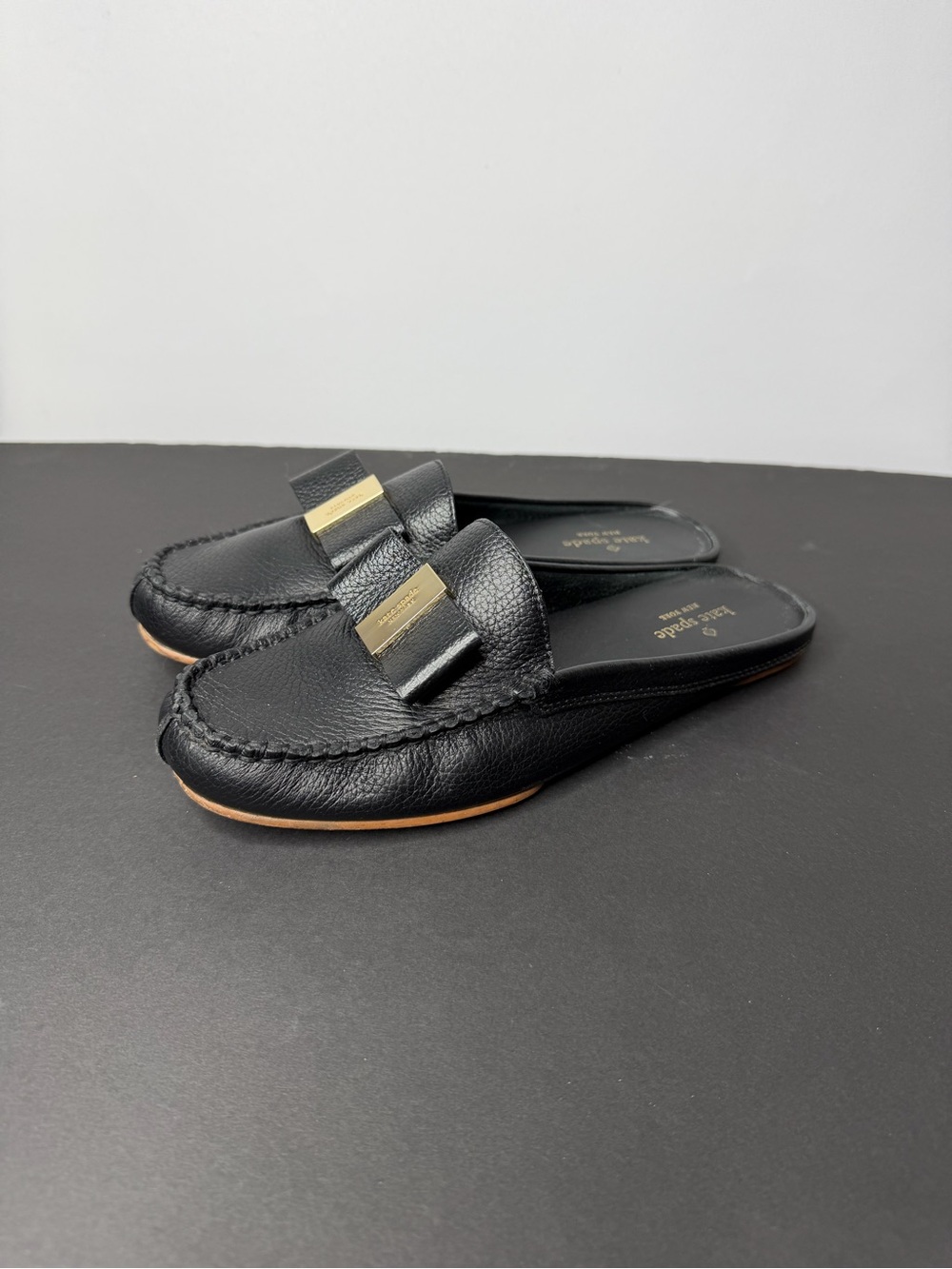 kate spade Black Leather Slip-On Loafers with Gold Hardware